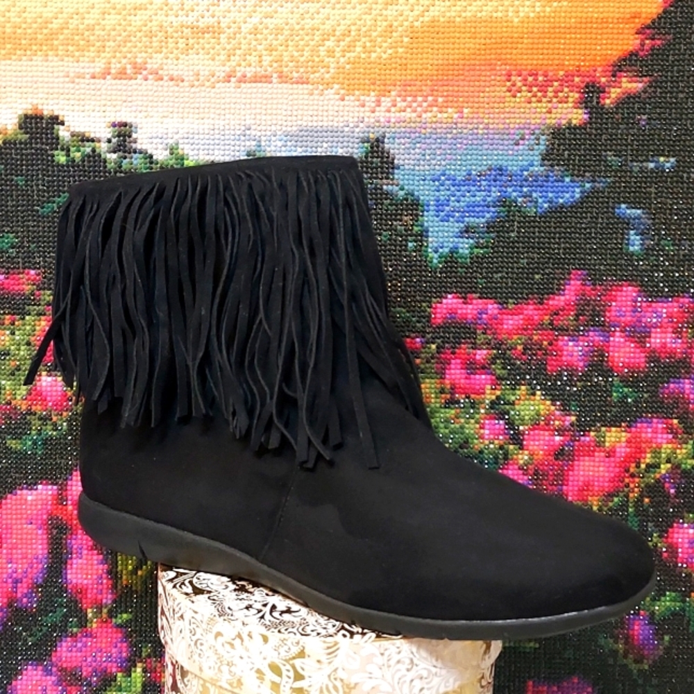 Womens Comfort View Regina Black Suede Fringe Ankle Boot Boho Hippie - Picture 2 of 10